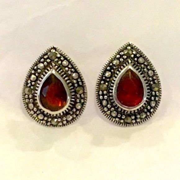 Faceted Garnet Marcasite Sterling Silver Teardrop Earrings - Picture 6 of 6